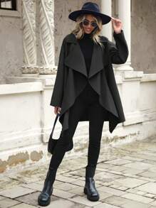 SHEIN LUNE Nút phía trước Viền không đối xứng Áo khoác Trench - màu đen - Xem 7