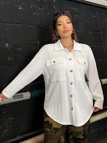 SHEIN EZwear Plus Size Shirt Jacket With Double Sided Pockets And Single-breasted Button Closure - White - View 6