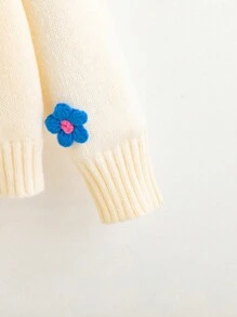 青少年女孩花卉圖案補丁貼落肩袖開襟衫 - 米色 - 查看 4