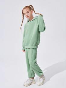 SHEIN Chica preadolescente Pantalones deportivos con capucha con bordado con patrón de slogan de hombros caídos - Verde - Ver 5