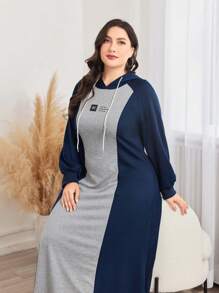 Mulvari Plus Letter Graphic Colorblock Drawstring Hooded Sweatshirt Dress Pullover Fall Outfit