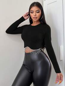 EURMUSE Ladies' Ultra-short, Slim Fit Blouse With Rhinestone And Fringe Detailing - Black - View 5