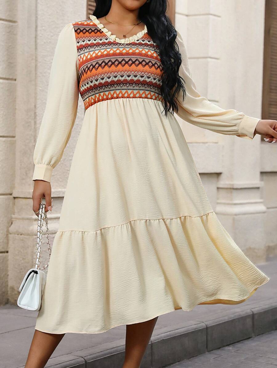 Calvaya Hơn In Chevron Xù Hoa Sen Váy Smock - Nhiều màu - Xem 1