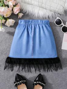 SHEIN 女小童拼接毛邊下擺牛仔效果印花半身裙 - 彩色 - 查看 2