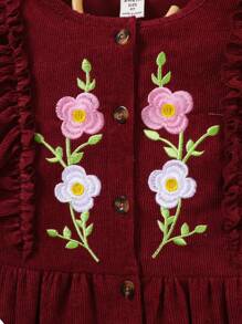 SHEIN 女小童花卉刺繡荷葉邊荷葉袖洋裝