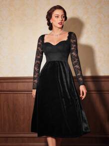 SHEIN DECDS 蕾絲拼接雞心領口A字連衣裙 - 黑色 - 查看 7