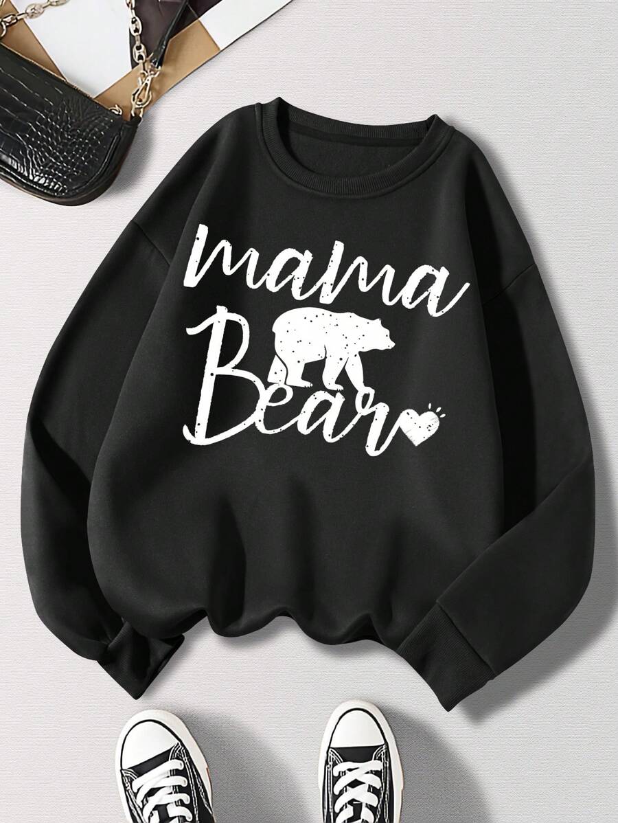 SHEIN EZwear Lá thư & Đồ họa  Gấu Lót nhiệt Áo nỉ - màu đen - Xem 1