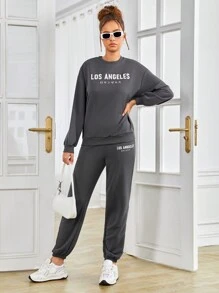 SHEIN Teen Girl Letter Graphic Drop Shoulder Pullover & Sweatpants - Dark Grey - View 5