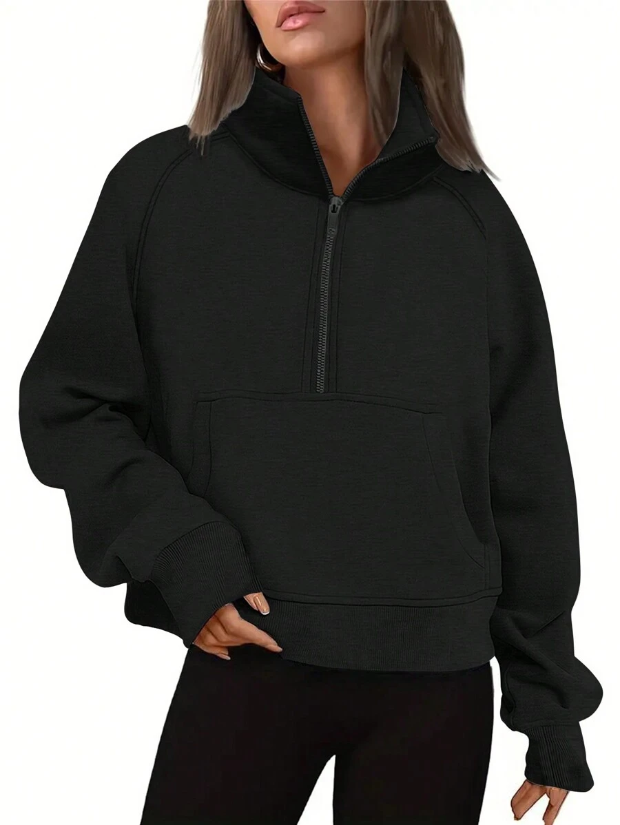 INAWLY Half Zip Kangaroo Pocket Raglan Sleeve Sweatshirt,Long Sleeve Tops - Black - View 1