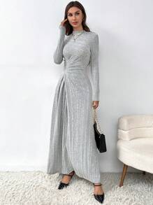 SHEIN Privé Cổ giả Viền mặt trước Đồ đan Ribbed Đầm - Xám - Xem 6