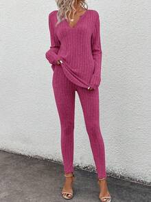 SHEIN LUNE 2pcs/Set Women Basic Black Thermal Underwear Set, Long Sleeve T-Shirt & Leggings, Winter New Arrival Matching Pajama Set - Hot Pink - View 4