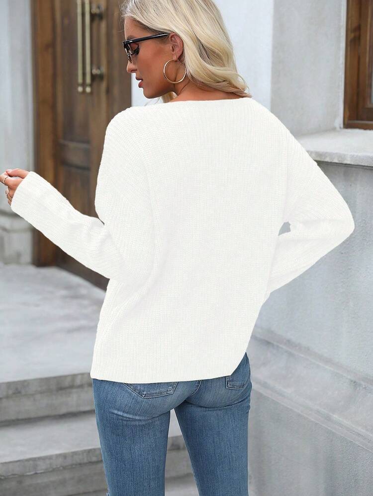 Solid Eyelet Detail Drop Shoulder Knit Pullover Fall Winter Sweater