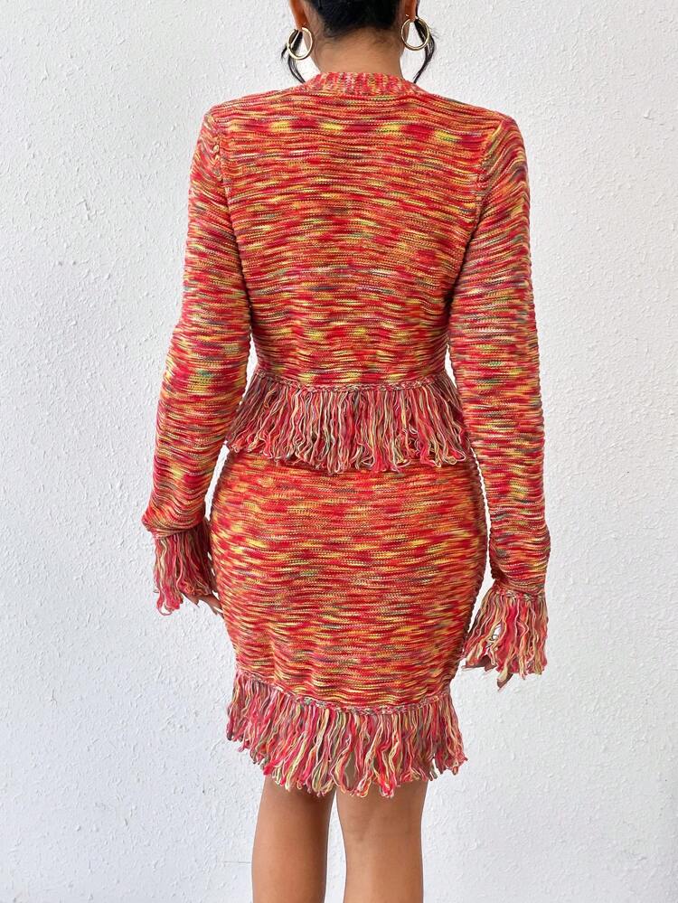 Space Dye Fringe Hem Cardigan & Knit Skirt Fall Cloth For Women
