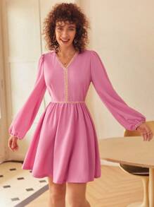 SHEIN Frenchy Lantern Sleeve Contrast Trim Dress Winter Elegant Pink Evening Dress - Pink - View 6