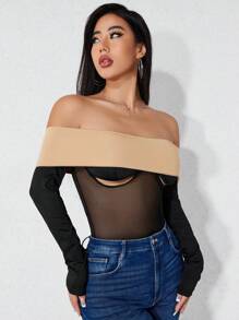 Zolique Off Shoulder Colorblock Mesh Bodysuit Fall Cloth For Women - Black - View 3
