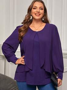 EMERY ROSE Plus Solid Lantern Sleeve Top - Violet Purple - View 1