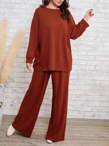 SHEIN CURVE+ Plus Solid Drop Shoulder Tee & Wide Leg Pants - Brown - View 3