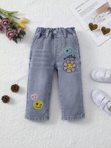 Pantalones Para Niñas Bebes, Lavados Suaves Con Bordado Recto En Mezclilla. - Lavado ligero - Ver 4