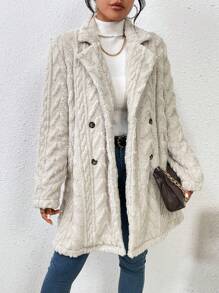 SHEIN LUNE Double Breasted Lapel Neck Teddy Coat - Beige - View 1