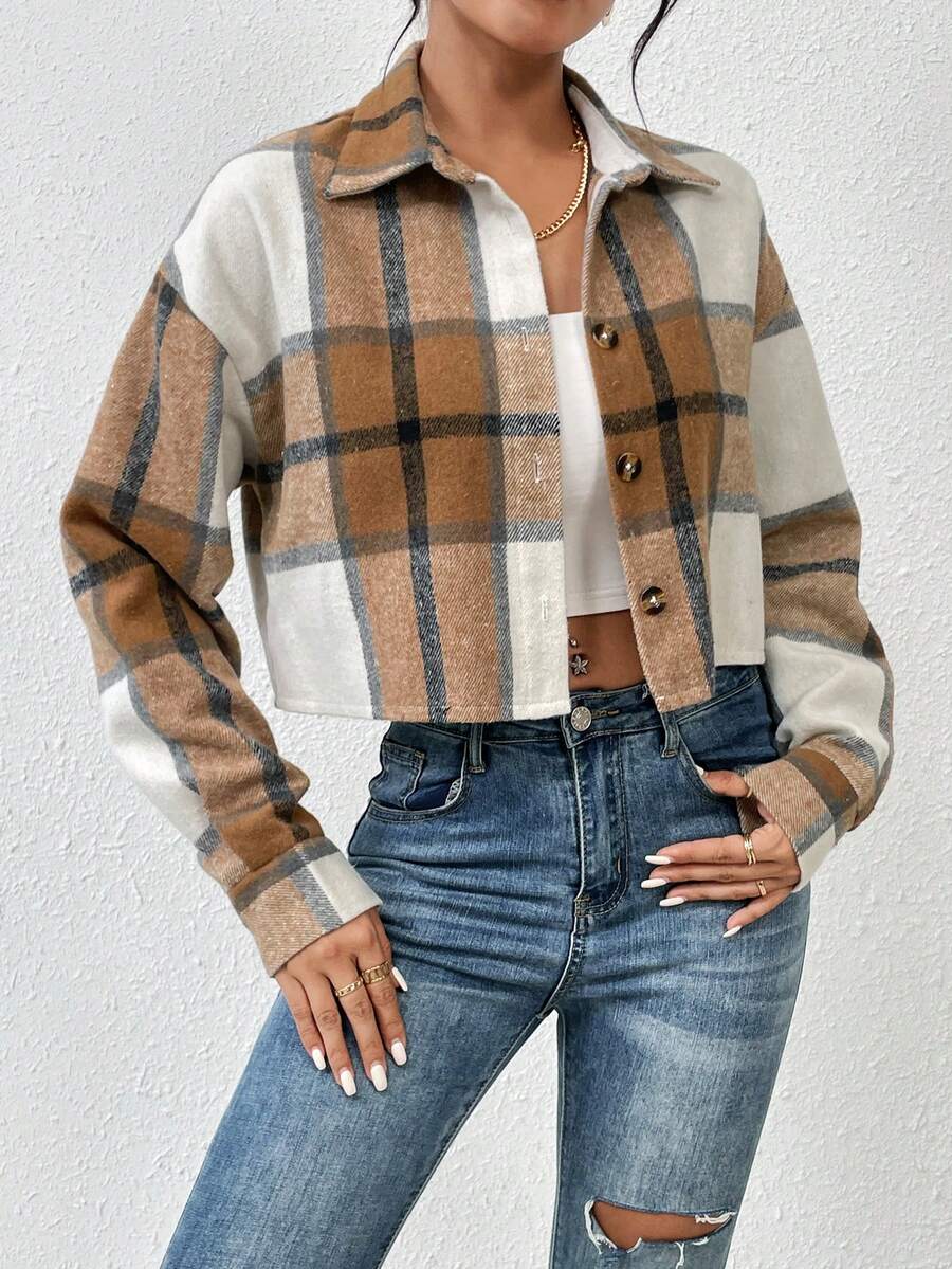 SHEIN Unity 格紋印花落肩袖花呢外套 - 咖啡棕 - 查看 1