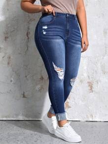 EMERY ROSE Plus Elegant Ripped Raw Cut Skinny Jeans - Dark Wash - View 5