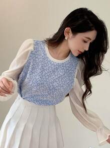 Dazy Star Flounce Sleeve 2 In 1 Blouse - Blue - View 7