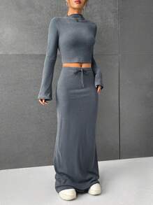 SHEIN EZwear 2 pièces/Set Femmes grande taille Automne Décontracté Top à manches longues gris et jupe - Gris - Voir 6