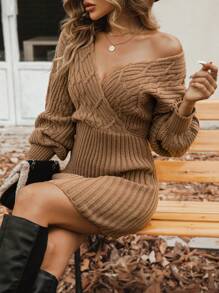 SHEIN Clasi Surplice cổ Thả vai Đầm Áo len Không có thắt lưng - màu nâu - Xem 4