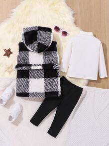 SHEIN Baby Girls' 3pcs Plaid Flannel Thickened Warm Vest Basic Casual Cute Outfits, For Christmas - Multicolor - View 2