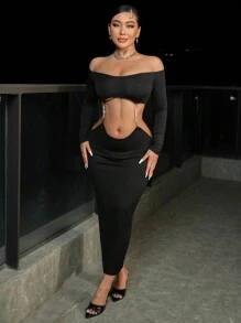 SHEIN SXY sexy outfits club Off Shoulder Chain Detail Cut Out Waist Bodycon Dress - Black - View 3