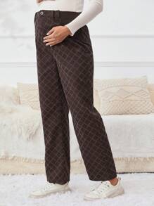 SHEIN Maternity High Waist Plaid Straight Leg Jeans - Brown - View 2