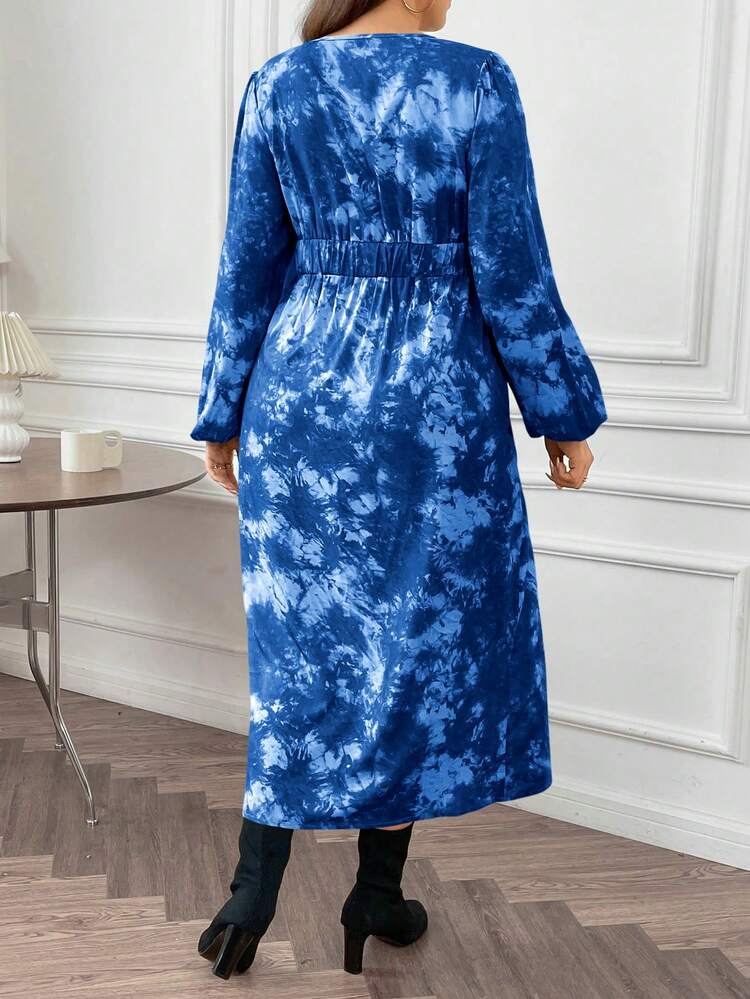 Plus Tie Dye Lantern Sleeve Split Thigh Dress Fall Cloth For Women