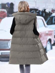 SHEIN LUNE 女士中长款纯色连帽加厚背心加厚外套冬季衣服带侧拉链下摆 - 灰色 - 查看 2