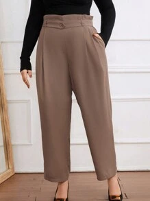 SHEIN Privé Pantalones Largos Con Cintura Tipo Bolsa De Papel De Color Liso De Talla Grande - Marrón - Ver 1