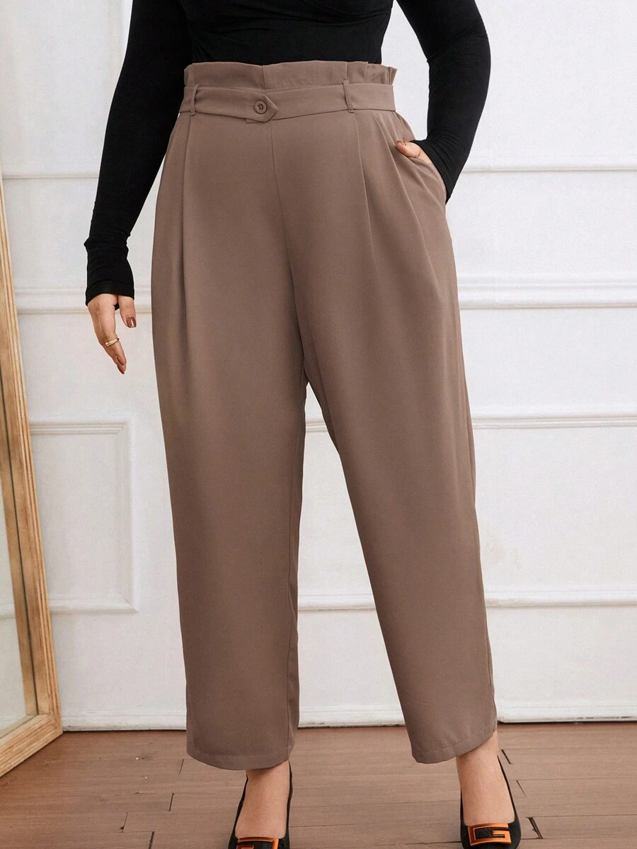 SHEIN Privé Pantalones Largos Con Cintura Tipo Bolsa De Papel De Color Liso De Talla Grande - Marrón - Ver 1