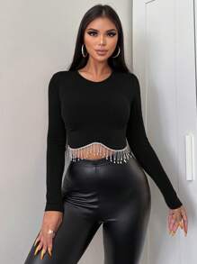 EURMUSE Ladies' Ultra-short, Slim Fit Blouse With Rhinestone And Fringe Detailing - Black - View 1