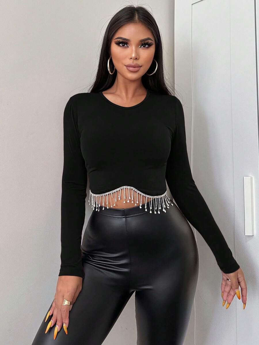 EURMUSE Ladies' Ultra-short, Slim Fit Blouse With Rhinestone And Fringe Detailing - Black - View 1