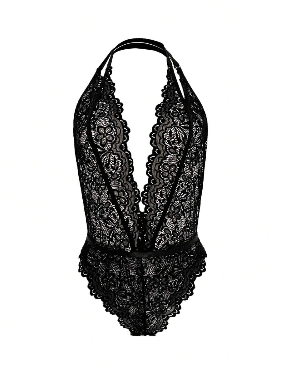 Floral Lace Plunge Teddy Bodysuit - Black - View 1