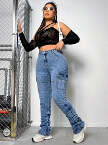 SHEIN ICON Plus High Waist Flap Pocket Side Stacked Jeans