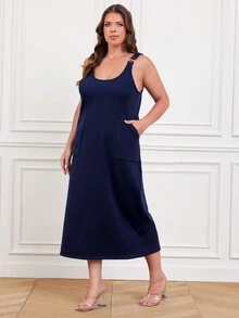 RueChic Große Größe Overall Kleid mit Einfarbig Tasche Flicken, ohne Bluse - marineblau - Übersicht 4