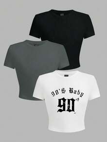 SHEIN EZwear 3入組素色&字母圖案T恤 - 彩色 - 查看 4