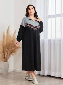 Mulvari 大碼幾何印花撞色半拉鏈衛衣洋裝 - 彩色 - 查看 6