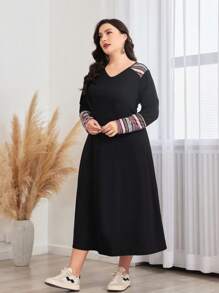 Lacomfia Plus Geo Print V Neck Dress Maxi Women Outfit