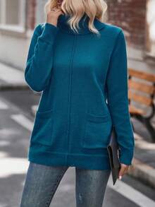 SHEIN LUNE Turtleneck Dual Pocket Sweater - Blue - View 3