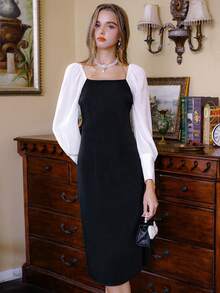 SHEIN Unity Khối màu Cổ vuông Tay áo lồng đèn Đầm - màu đen - Xem 5