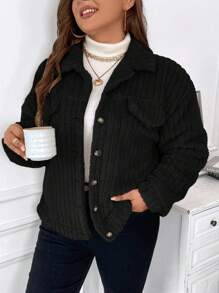 SHEIN Clasi 大碼落肩袖翻蓋細節毛絨夾克 - 黑色 - 查看 3