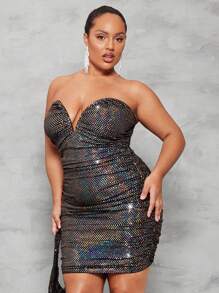 SHEIN BAE Vestido Curto Bodycon com Lantejoulas Dobradas e Sem Alças para Mulheres - Preto - Visão 3