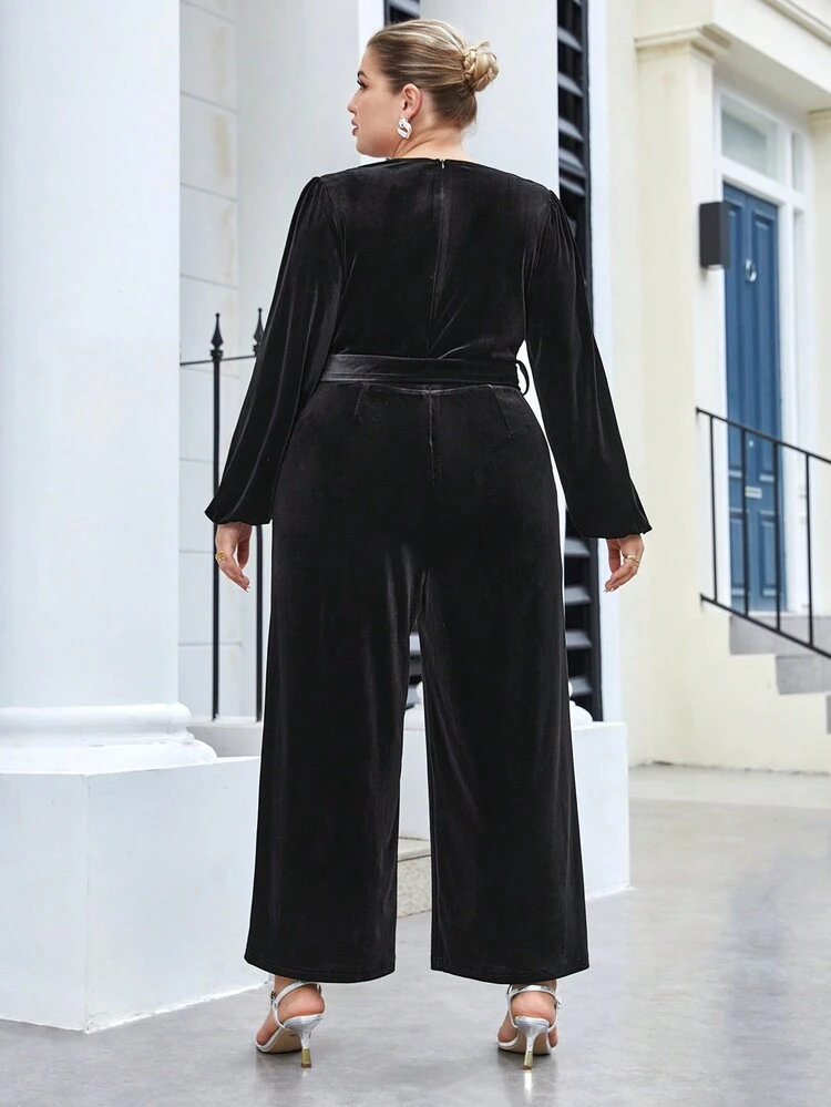 Plus V Neck Belted Wide Leg Jumpsuit