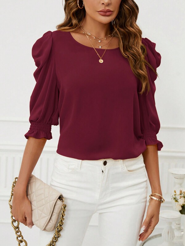 SHEIN Clasi Solid Puff Sleeve Blouse,Three Quarter Sleeve Tops