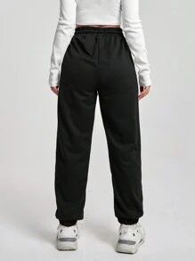 EURMUSE Casual Sports Drawstring Waist Wide Leg Jogger Pants - Black - View 2